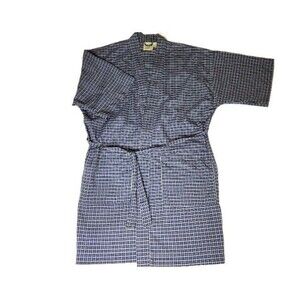 TravelSmith Wrap Robe Sz. L-XL Unisex Blue Tan Plaid Pockets